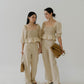 Square Neck Puff Sleeve Top + Wide Leg Pants In Almond White