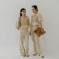 Square Neck Puff Sleeve Top + Wide Leg Pants In Almond White
