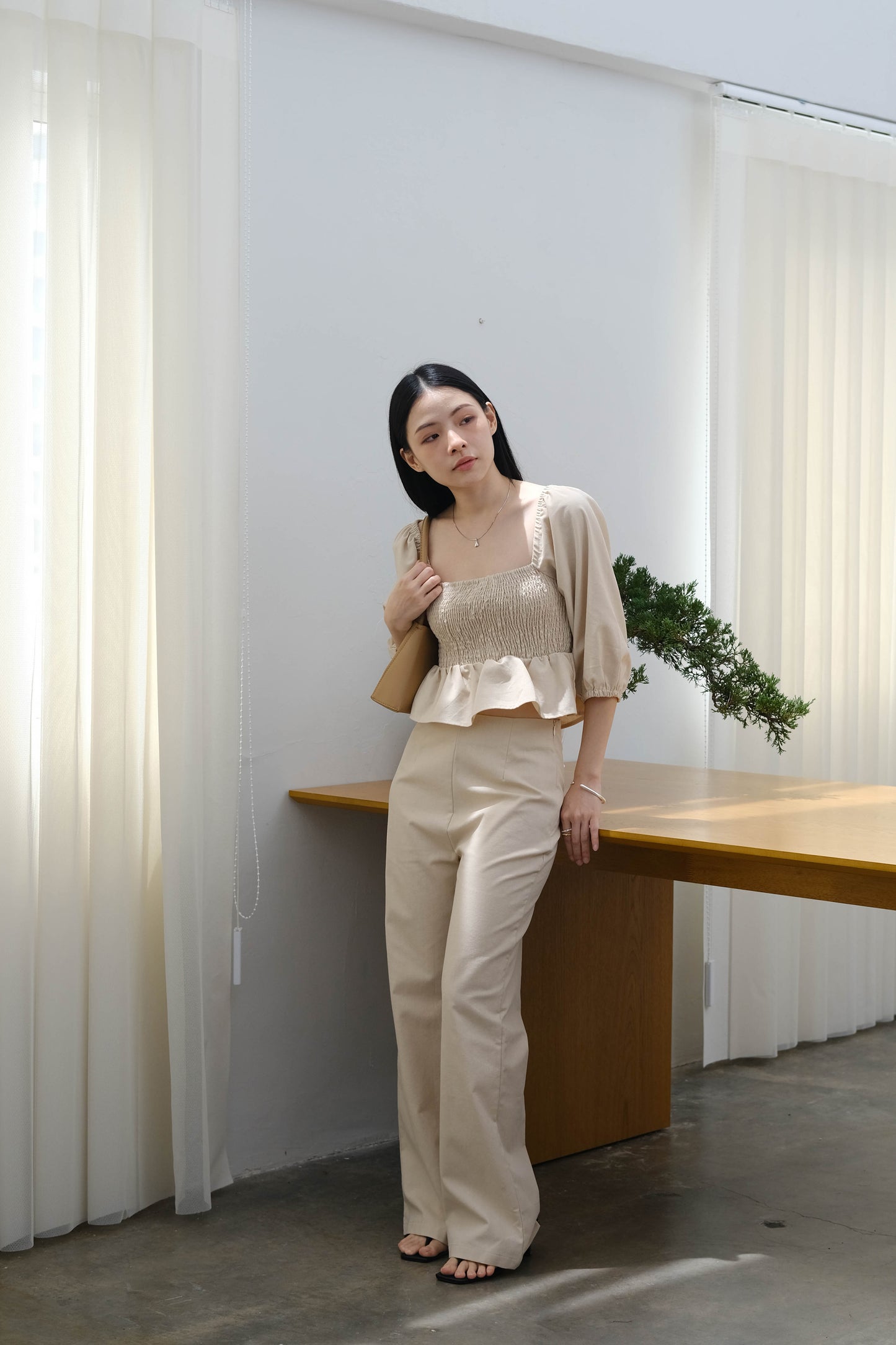 Square Neck Puff Sleeve Top + Wide Leg Pants in almond white