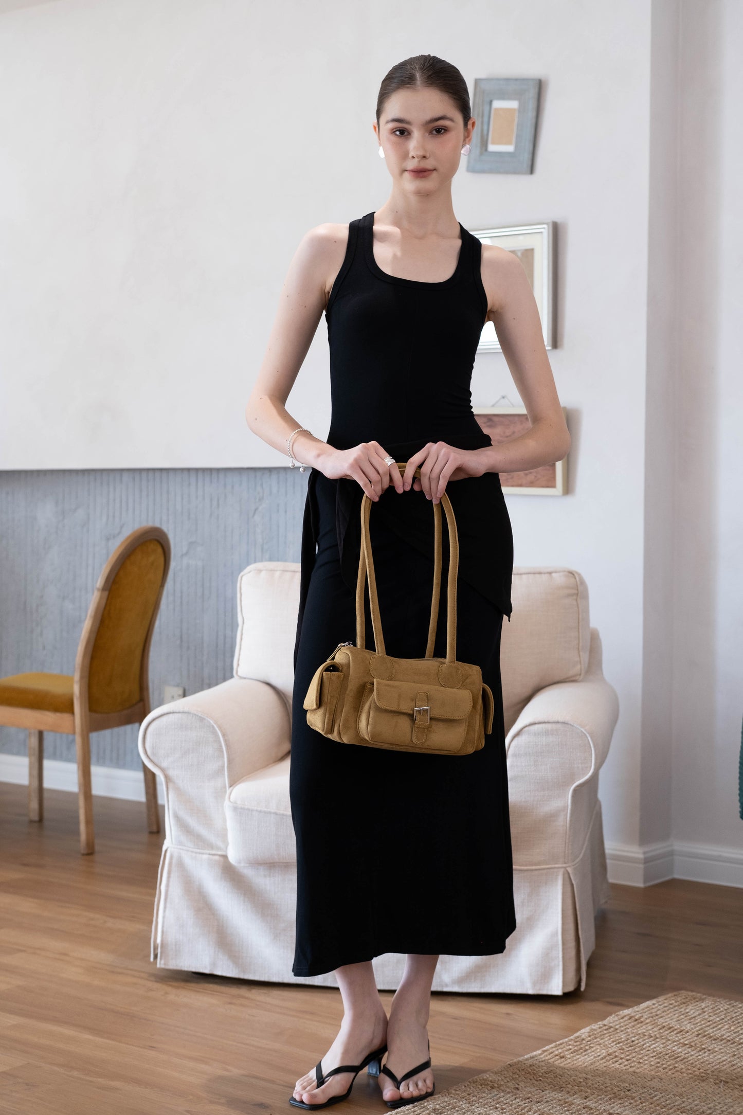 Waist-Snatch U-Neck Maxi Dress - Black