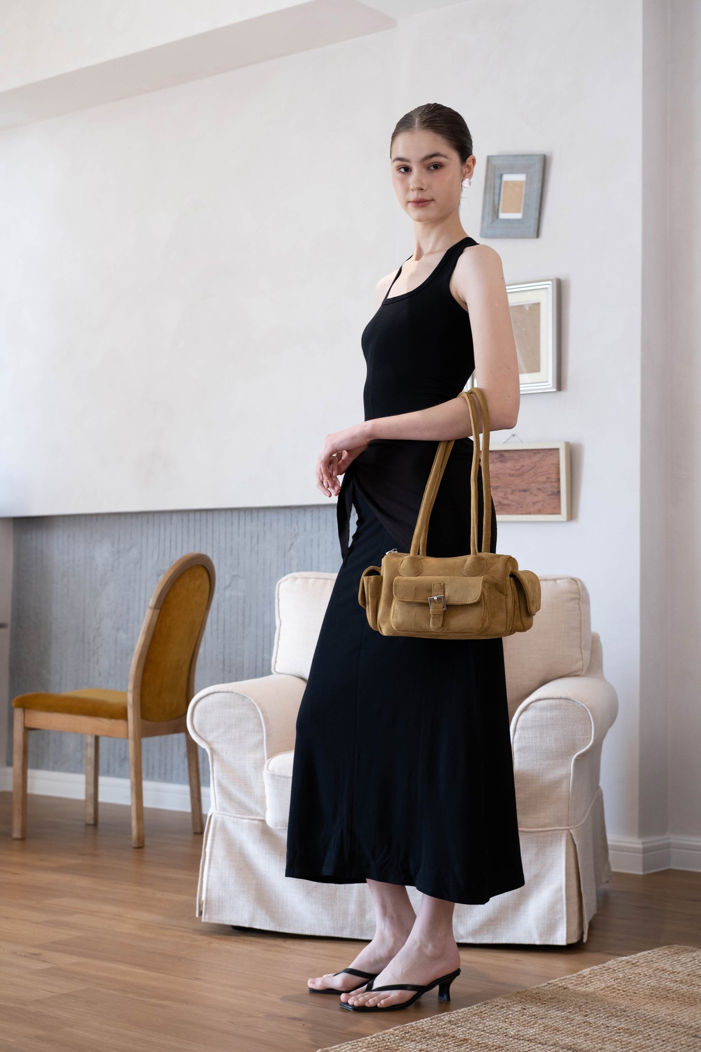 Waist-Snatch U-Neck Maxi Dress - Black