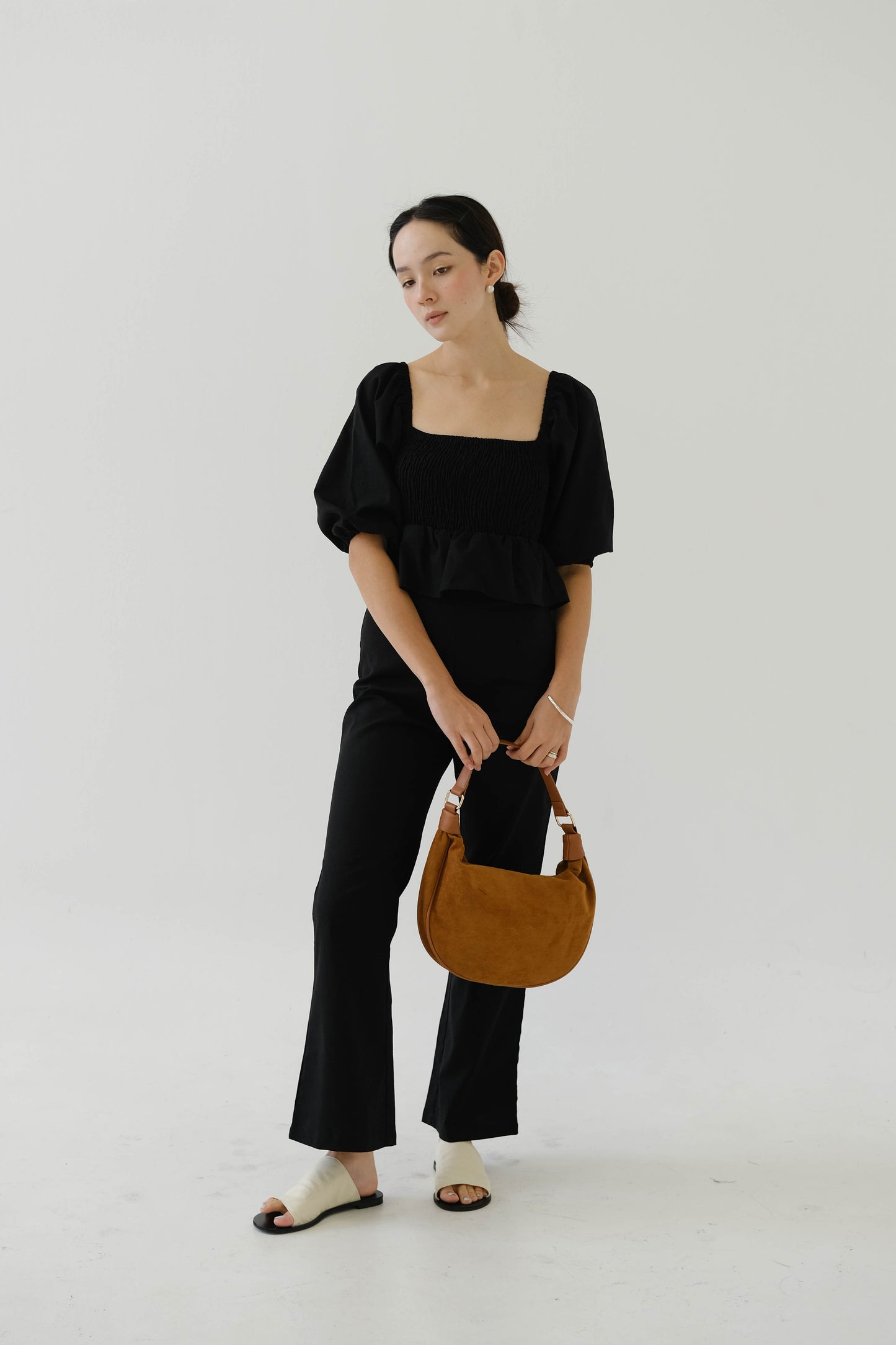 Square Neck Puff Sleeve Top + Wide Leg Pants in classic black