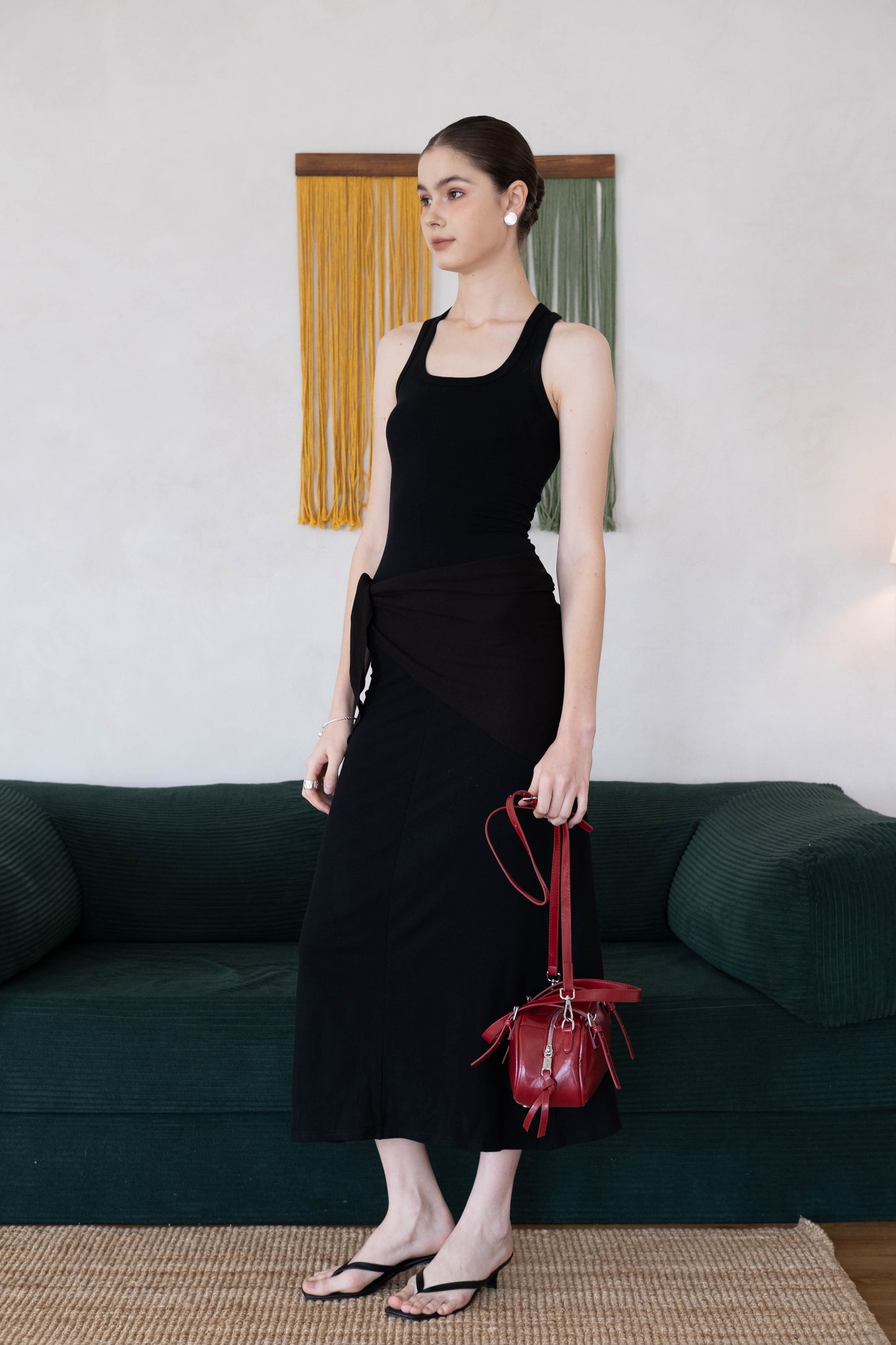 Waist-Snatch U-Neck Maxi Dress - Black