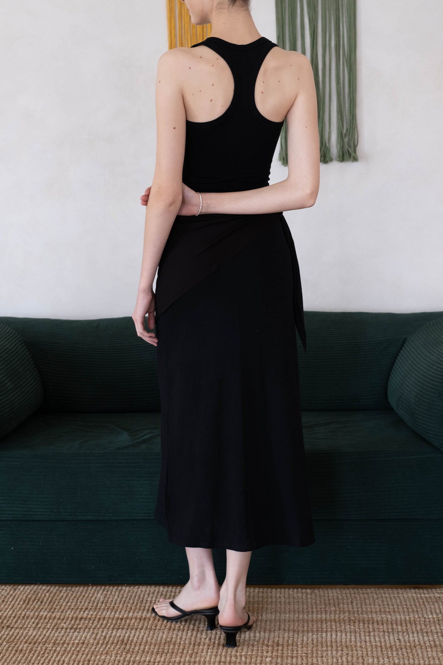 Waist-Snatch U-Neck Maxi Dress - Black