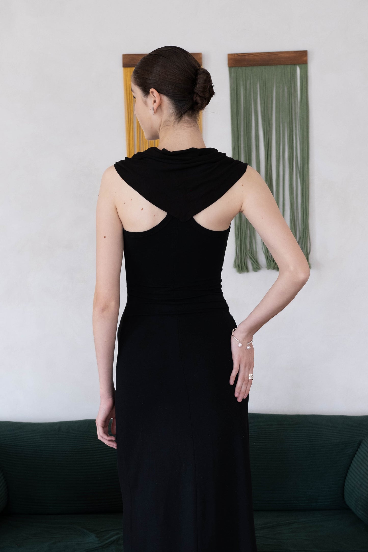 Waist-Snatch U-Neck Maxi Dress - Black