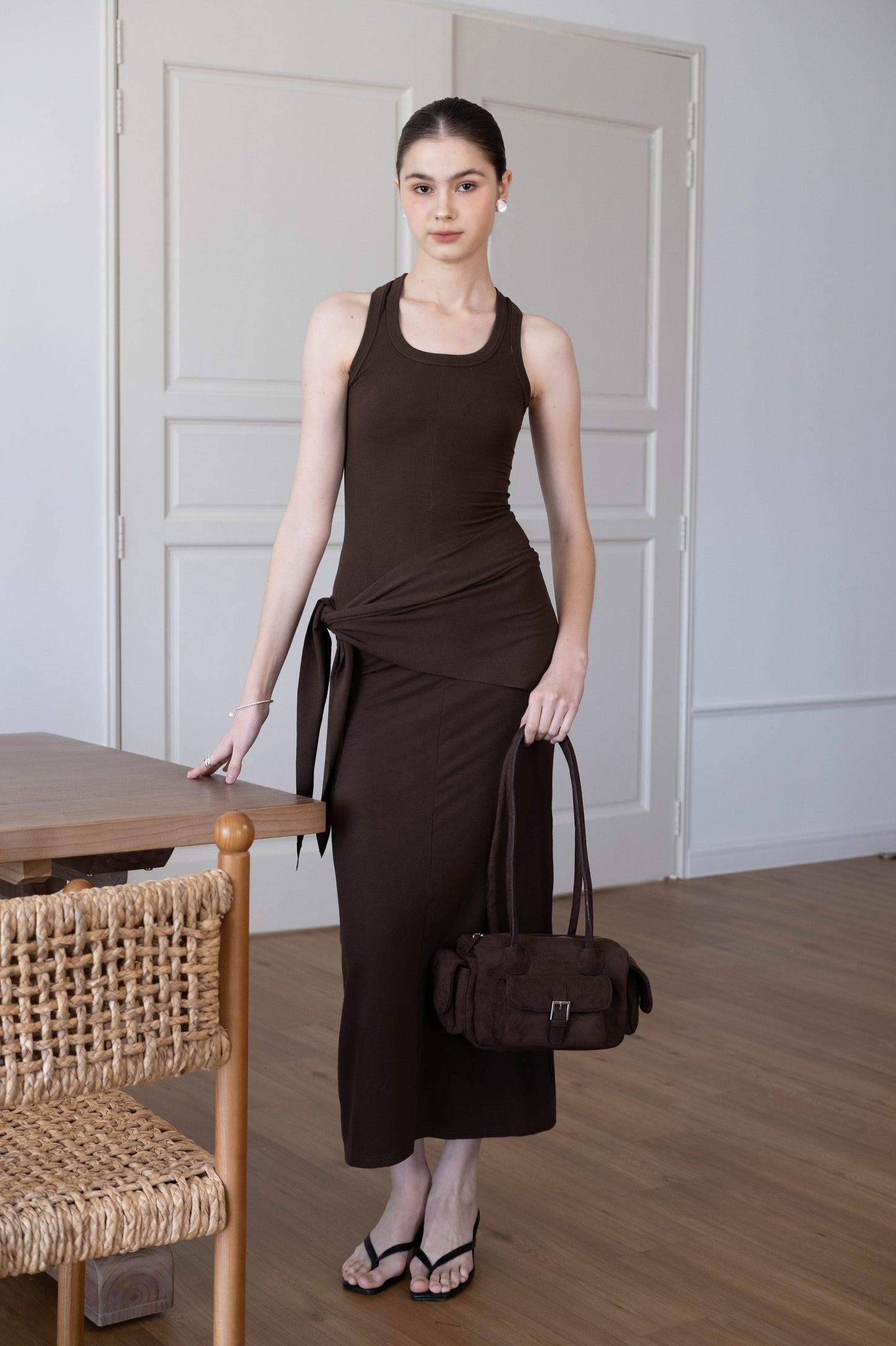 Waist-Snatch U-Neck Maxi Dress - Coffee