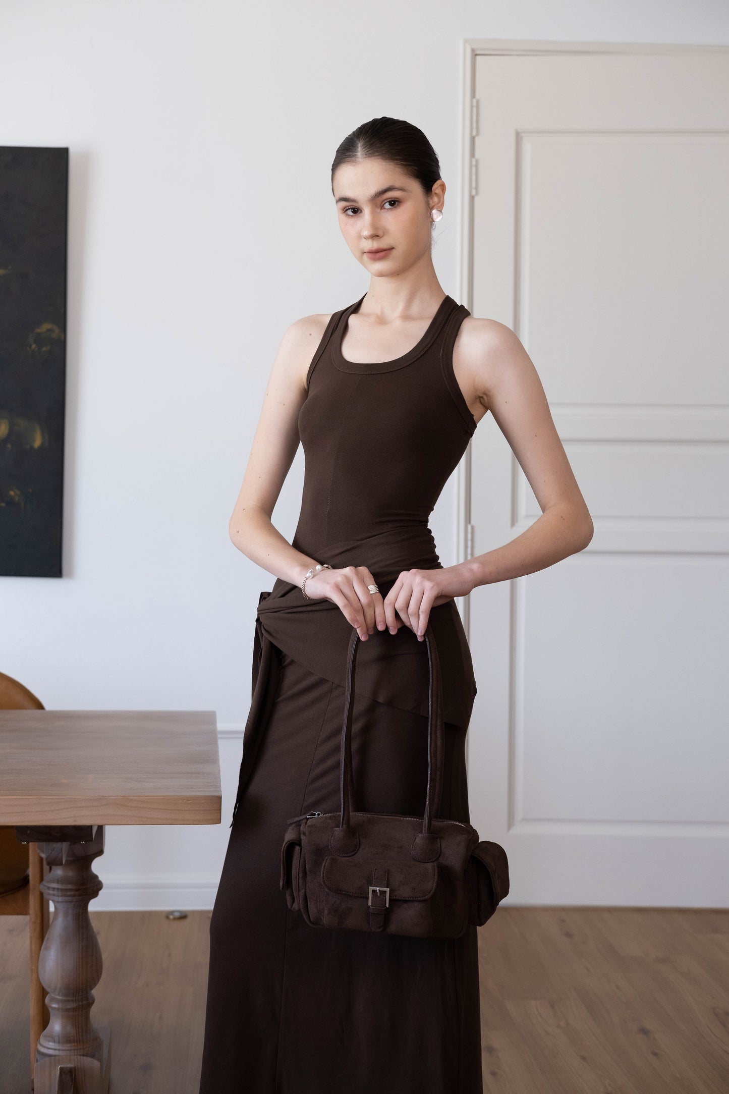 Waist-Snatch U-Neck Maxi Dress - Coffee