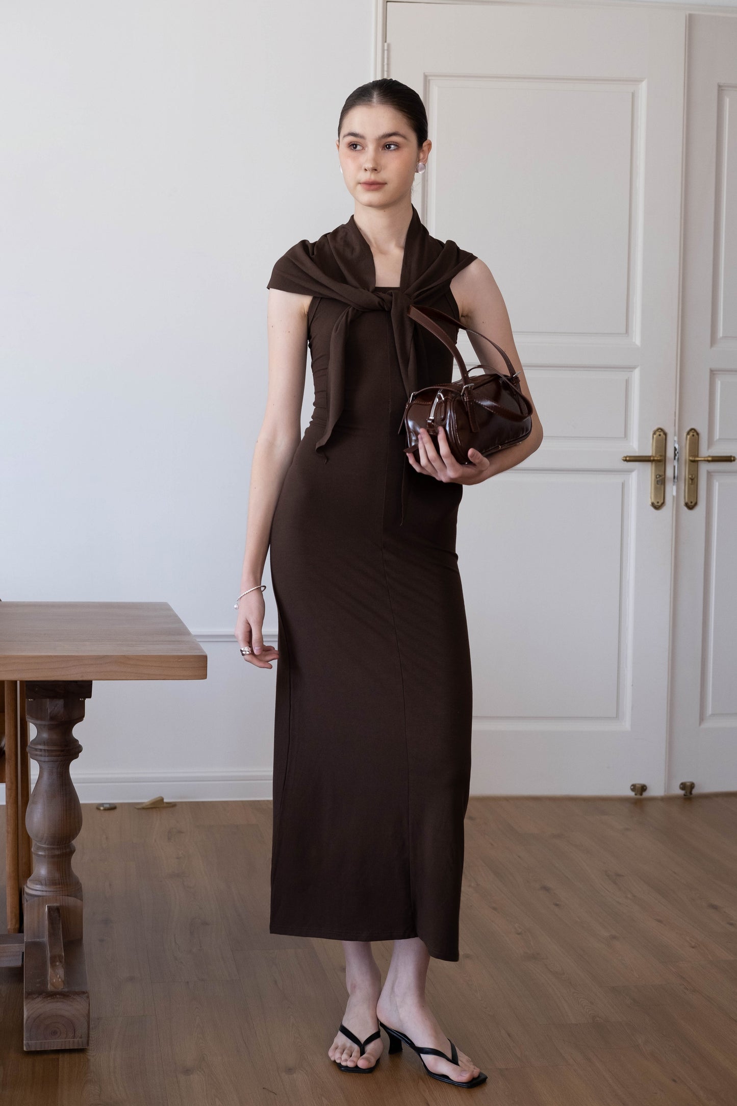 Waist-Snatch U-Neck Maxi Dress - Coffee
