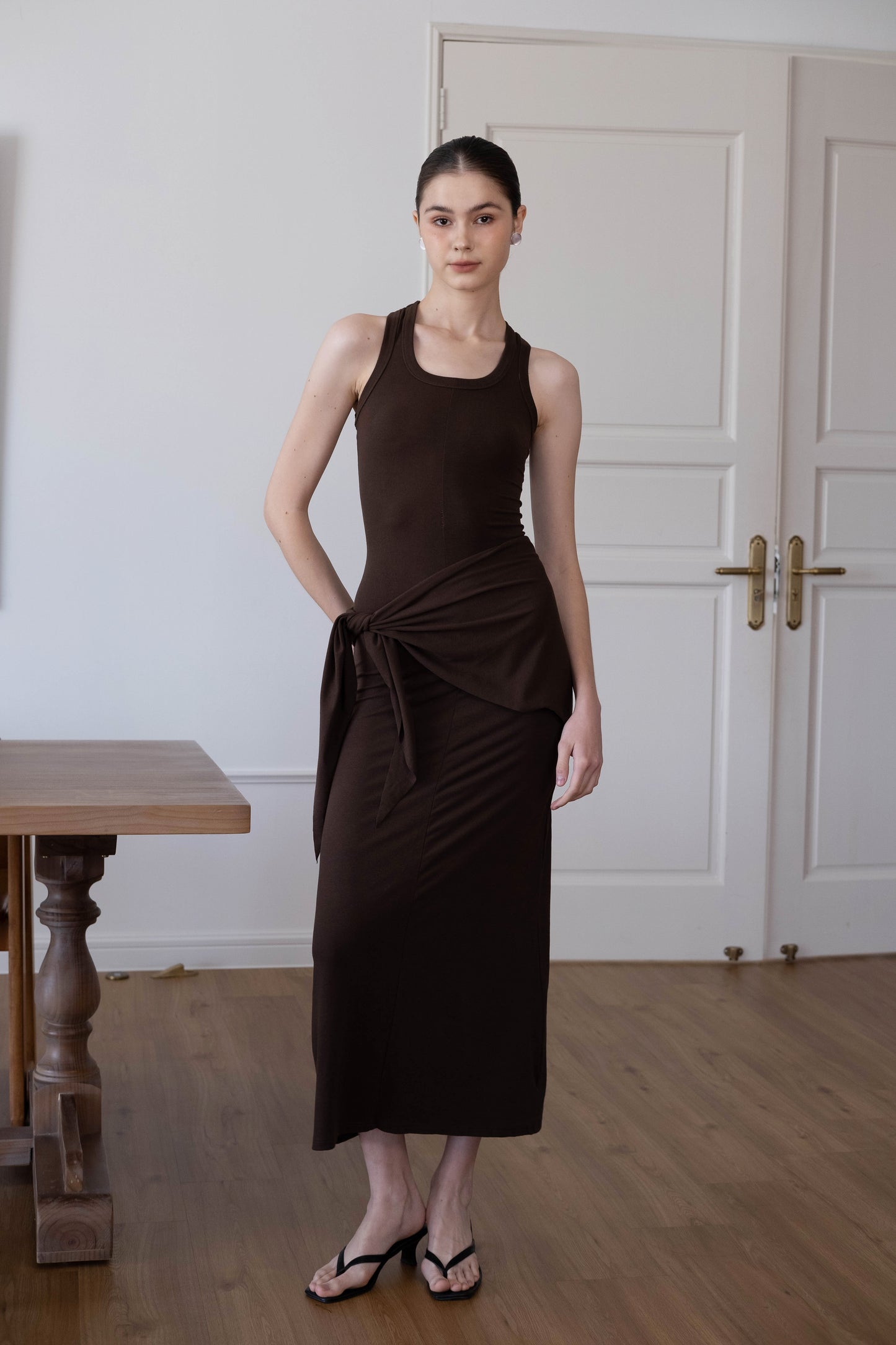 Waist-Snatch U-Neck Maxi Dress - Coffee