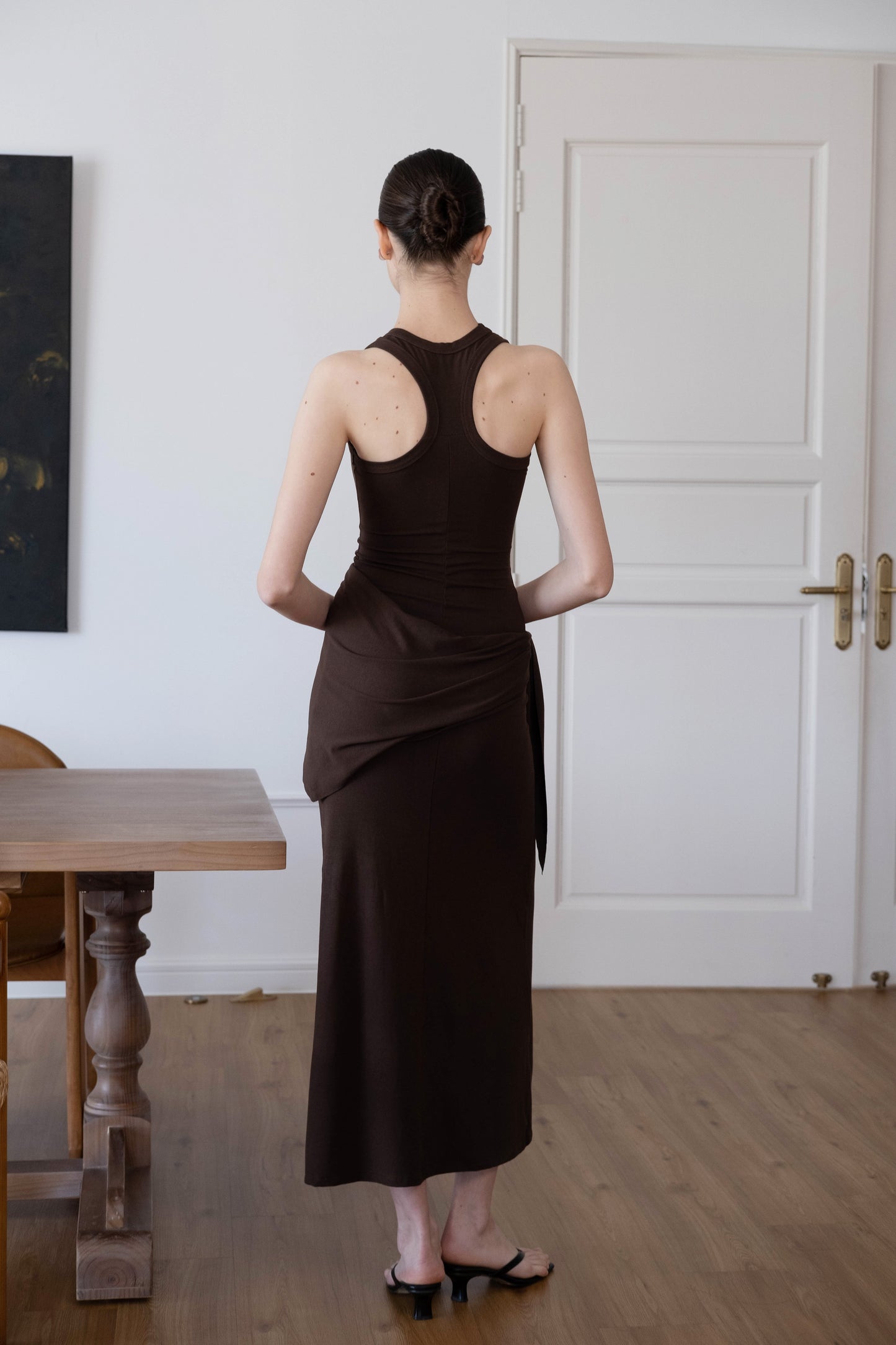 Waist-Snatch U-Neck Maxi Dress - Coffee