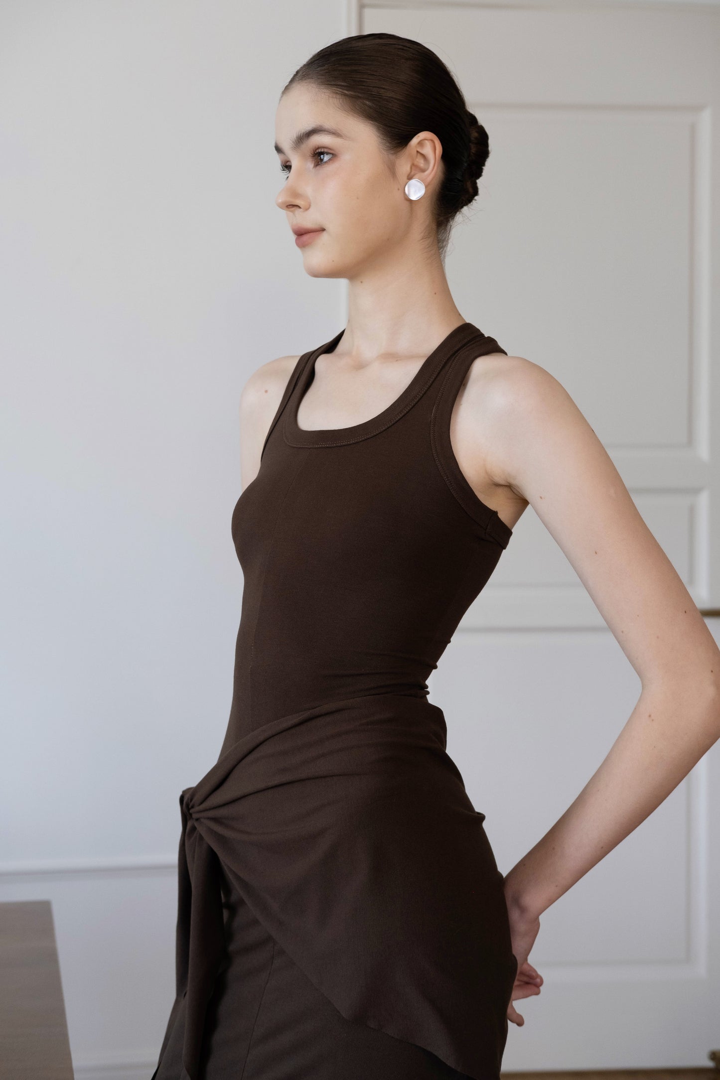 Waist-Snatch U-Neck Maxi Dress - Coffee