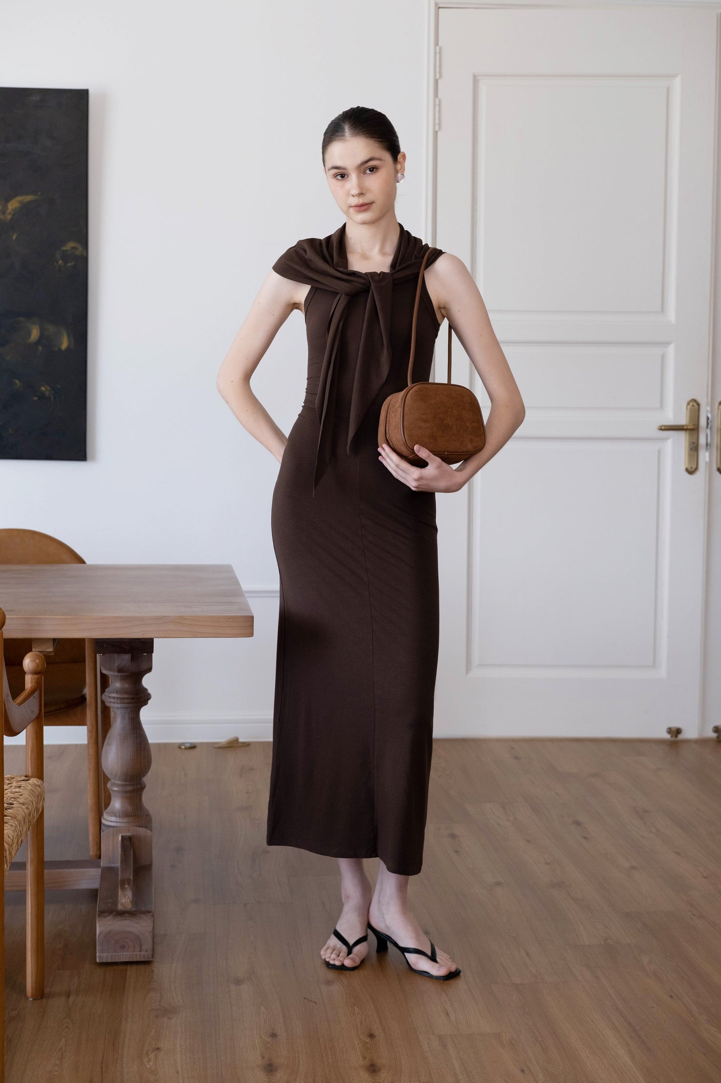 Waist-Snatch U-Neck Maxi Dress - Coffee