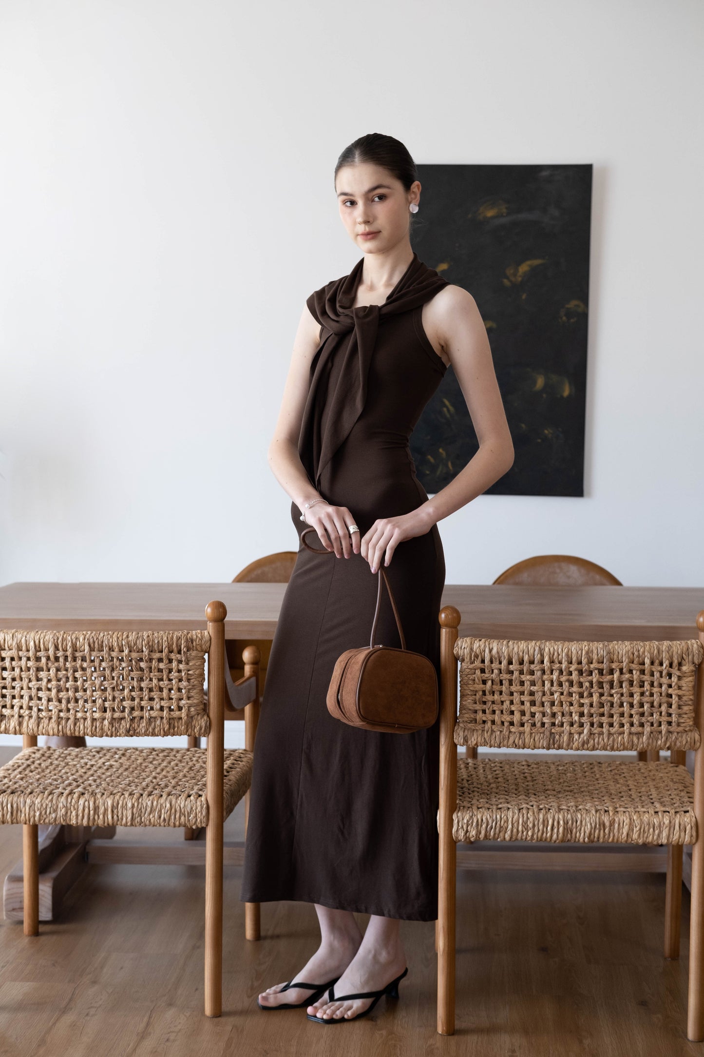 Waist-Snatch U-Neck Maxi Dress - Coffee