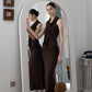 Waist-Snatch U-Neck Maxi Dress - Coffee