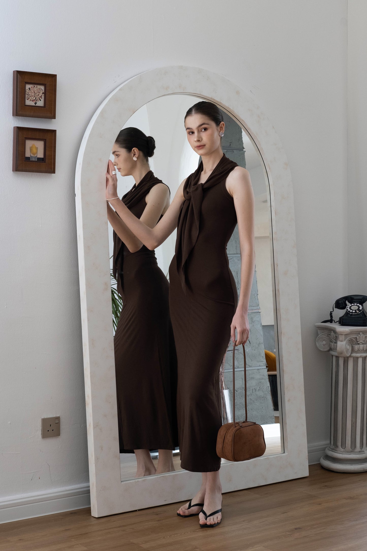 Waist-Snatch U-Neck Maxi Dress - Coffee