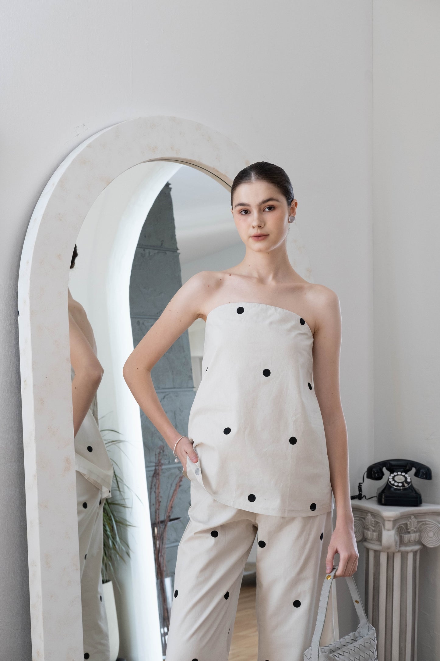 Polka Dot Off-Shoulder Bandeau Top & Wide-Leg Pants Set