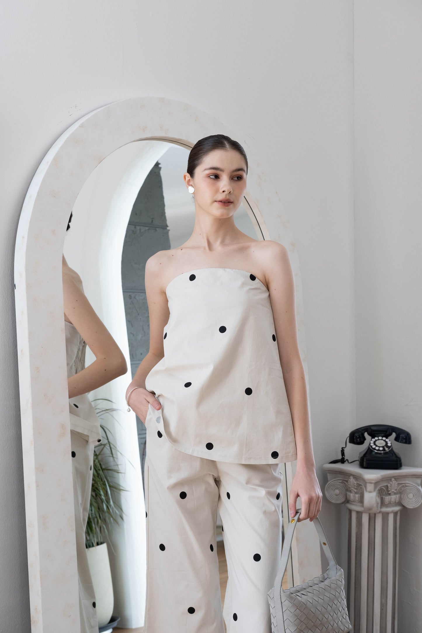 Polka Dot Off-Shoulder Bandeau Top & Wide-Leg Pants Set