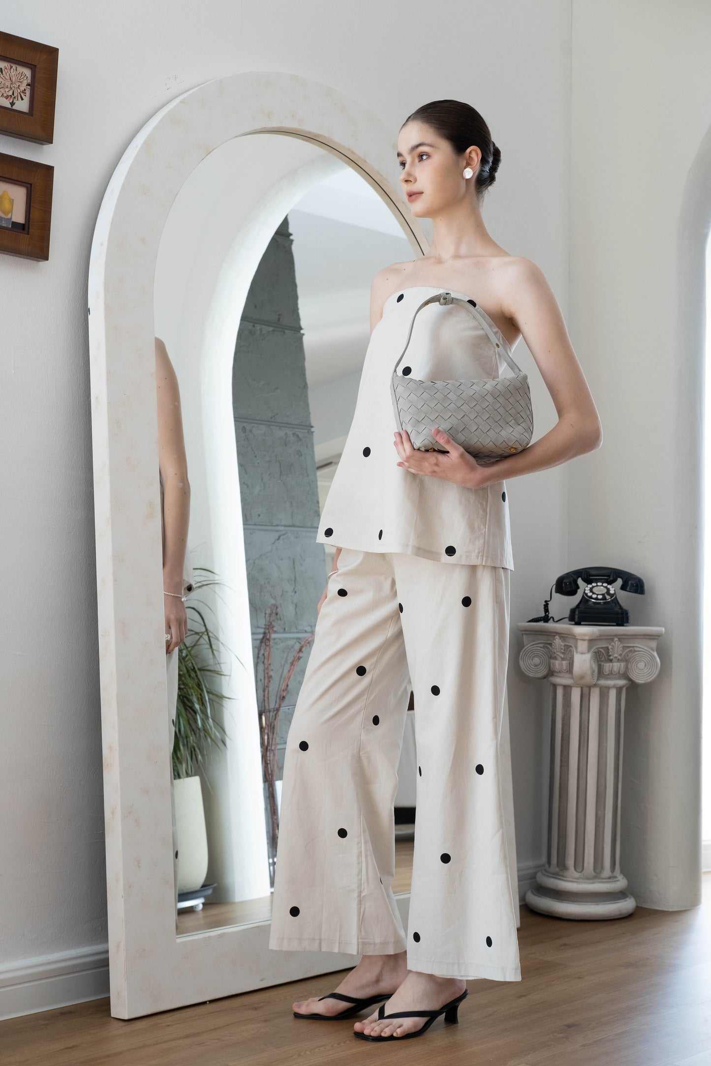 Polka Dot Off-Shoulder Bandeau Top & Wide-Leg Pants Set