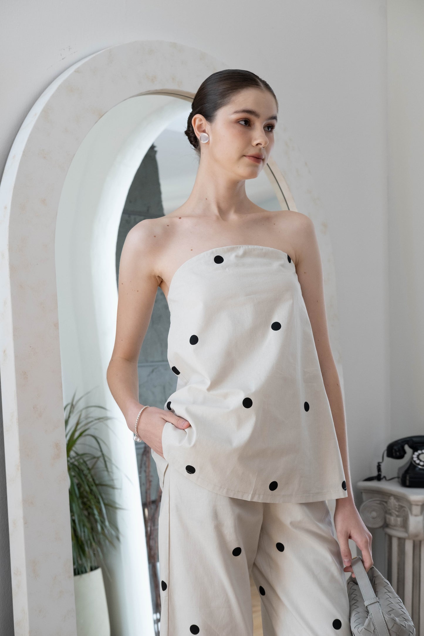 Polka Dot Off-Shoulder Bandeau Top & Wide-Leg Pants Set