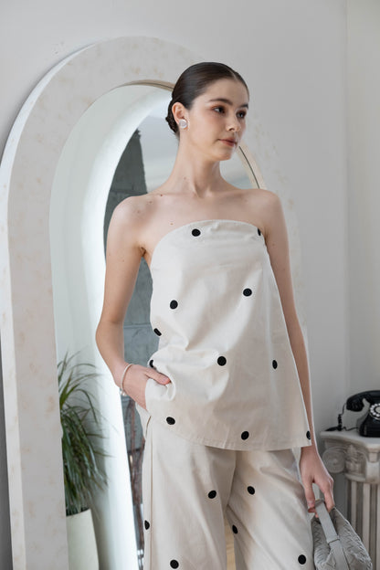 Polka Dot Off-Shoulder Bandeau Top & Wide-Leg Pants Set
