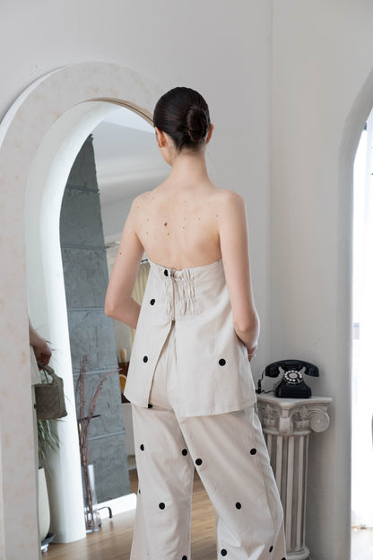 Polka Dot Off-Shoulder Bandeau Top & Wide-Leg Pants Set