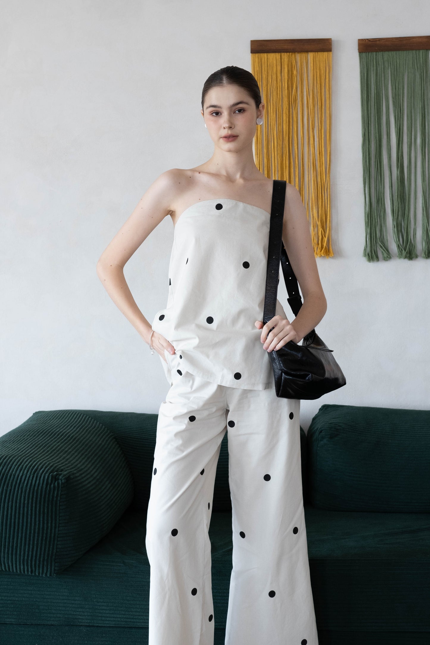 Polka Dot Off-Shoulder Bandeau Top & Wide-Leg Pants Set