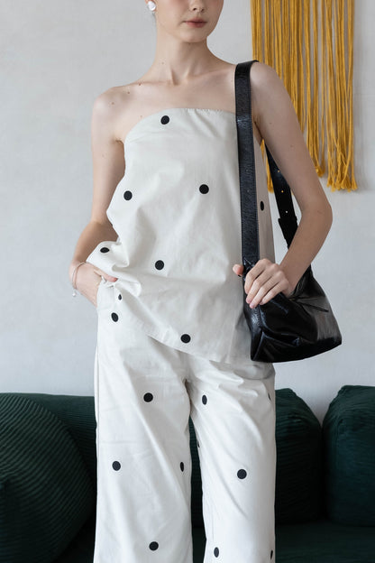 Polka Dot Off-Shoulder Bandeau Top & Wide-Leg Pants Set