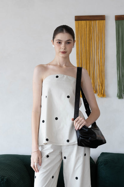 Polka Dot Off-Shoulder Bandeau Top & Wide-Leg Pants Set