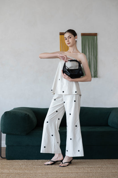 Polka Dot Off-Shoulder Bandeau Top & Wide-Leg Pants Set