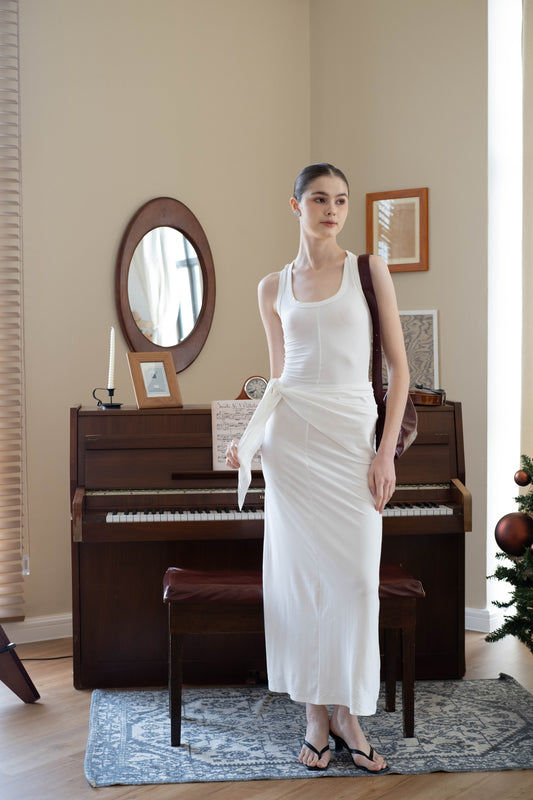 Waist-Snatch U-Neck Maxi Dress - White