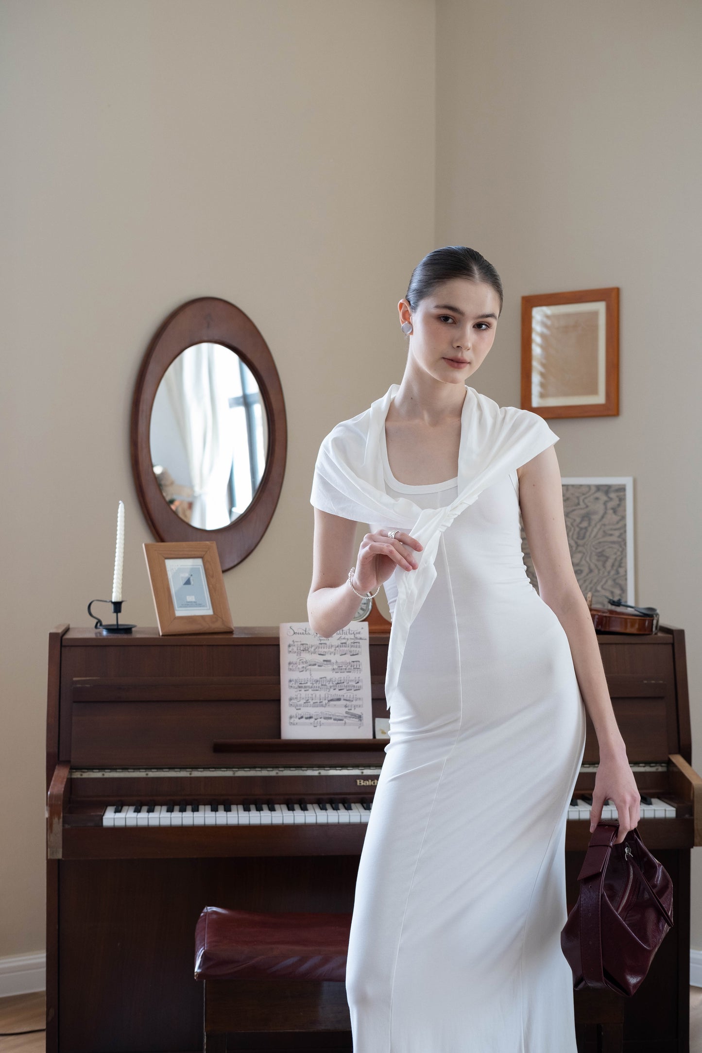 Waist-Snatch U-Neck Maxi Dress - White