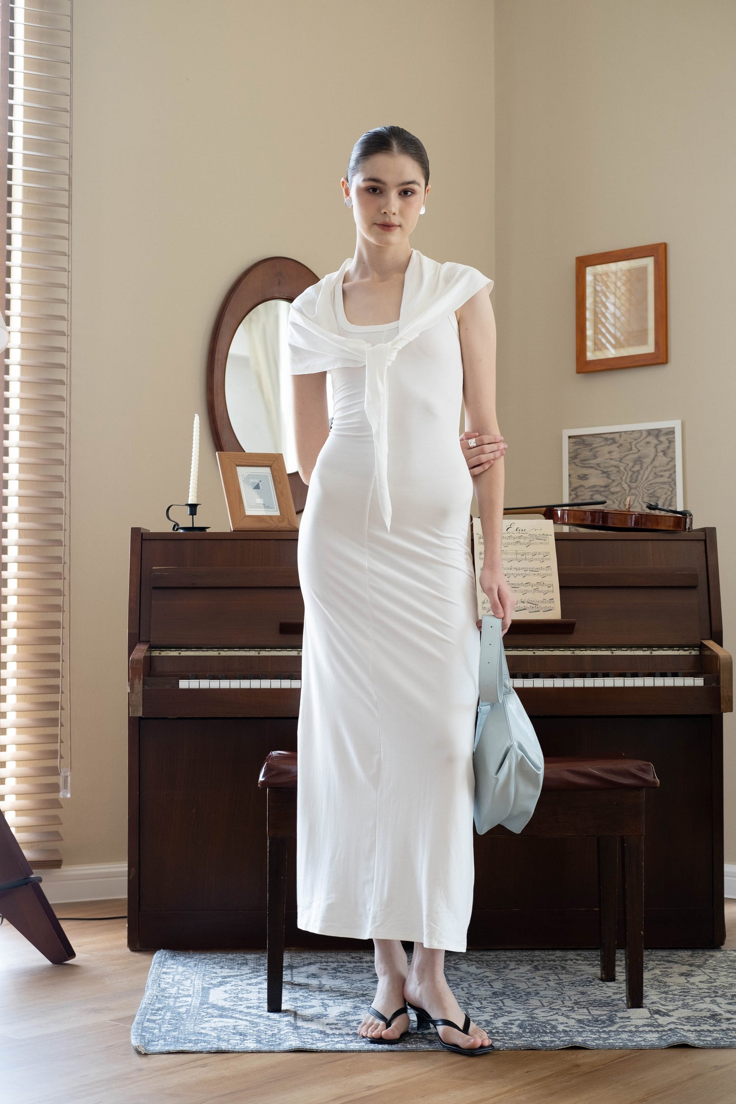Waist-Snatch U-Neck Maxi Dress - White