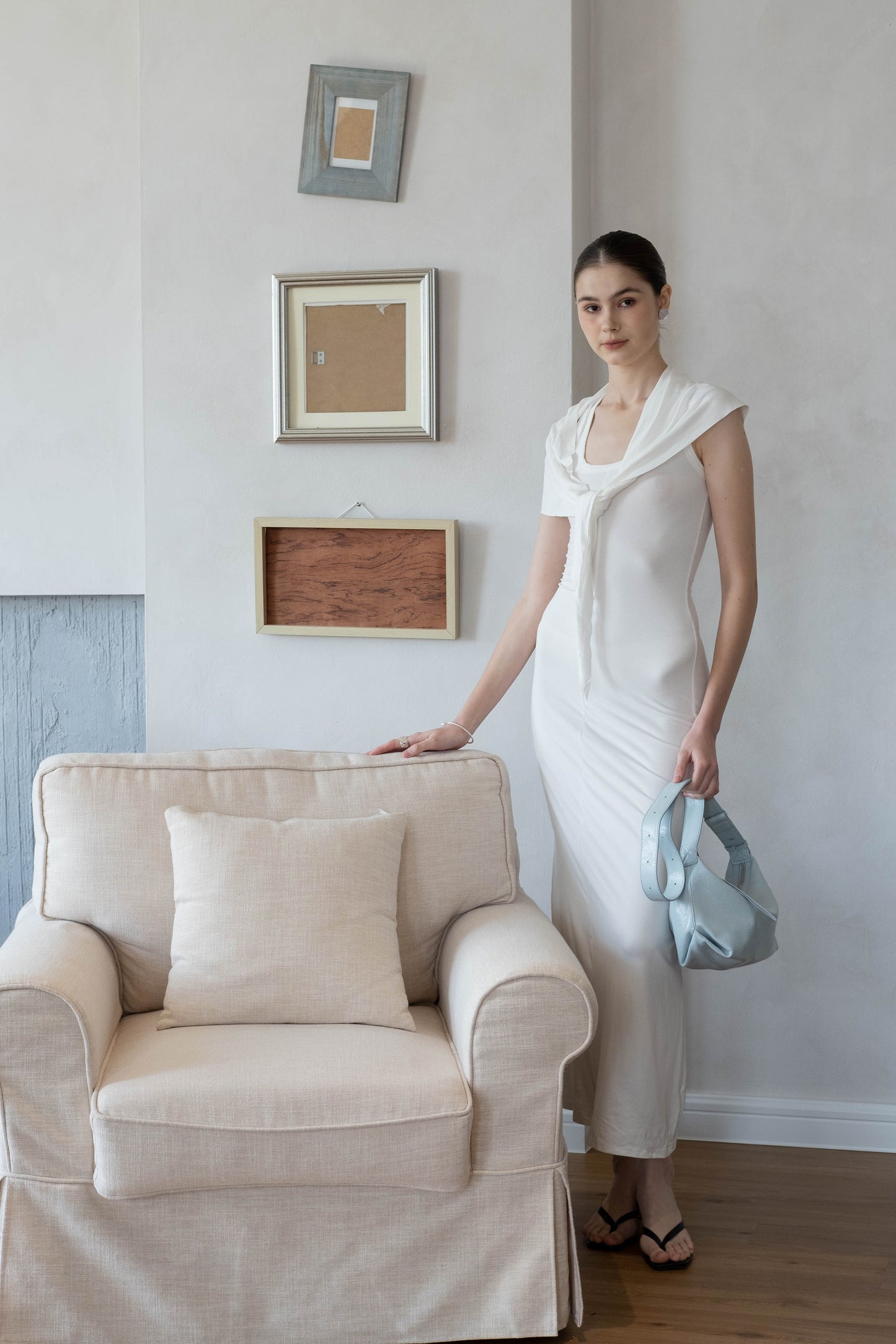 Waist-Snatch U-Neck Maxi Dress - White