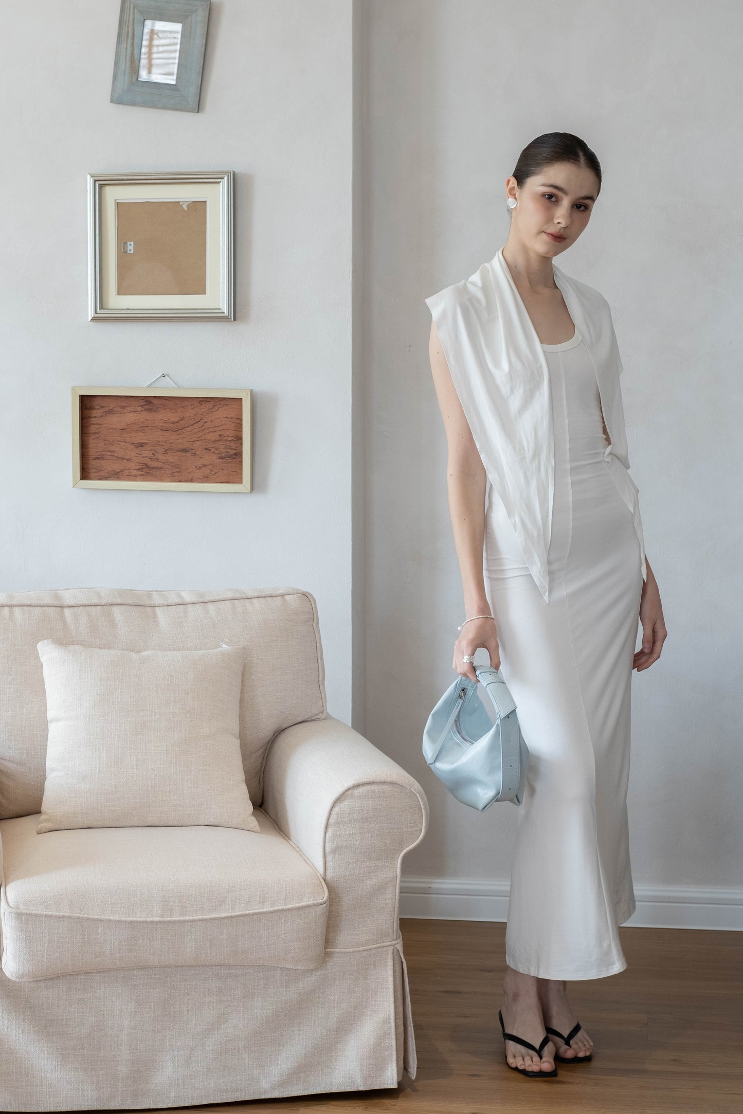 Waist-Snatch U-Neck Maxi Dress - White