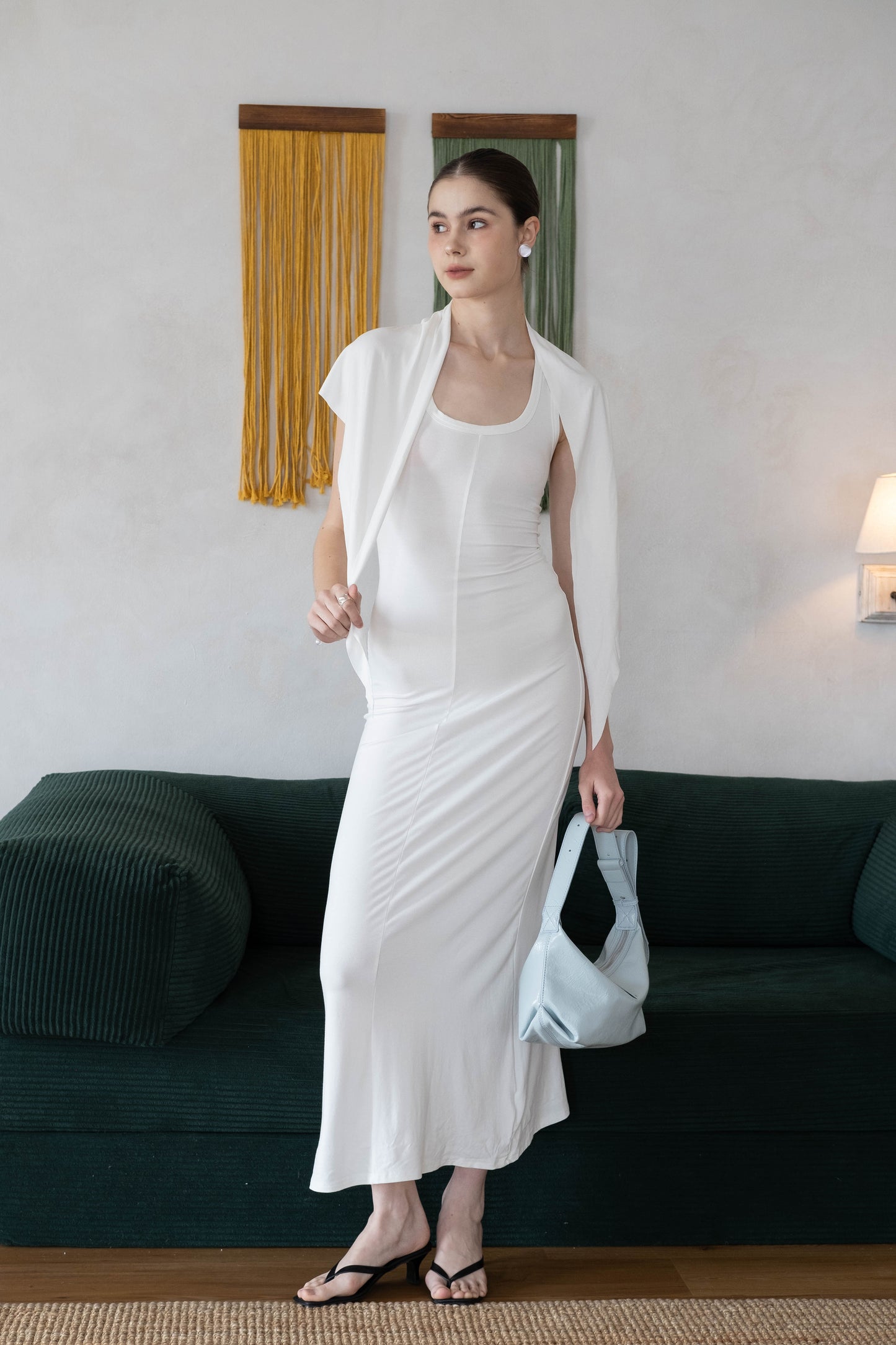 Waist-Snatch U-Neck Maxi Dress - White