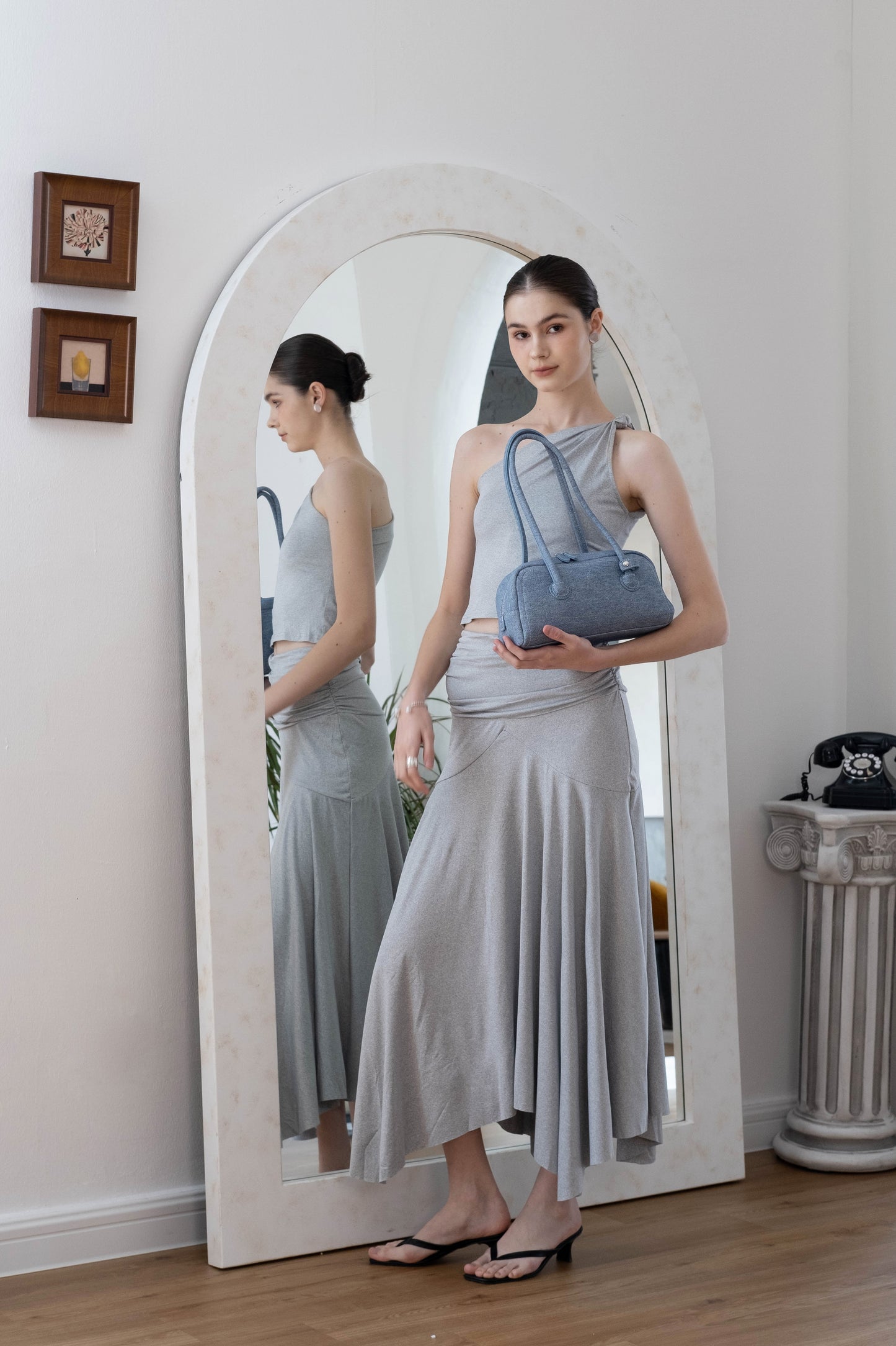 Soft Curve One-Shoulder Crop & Skirt Set - Grey