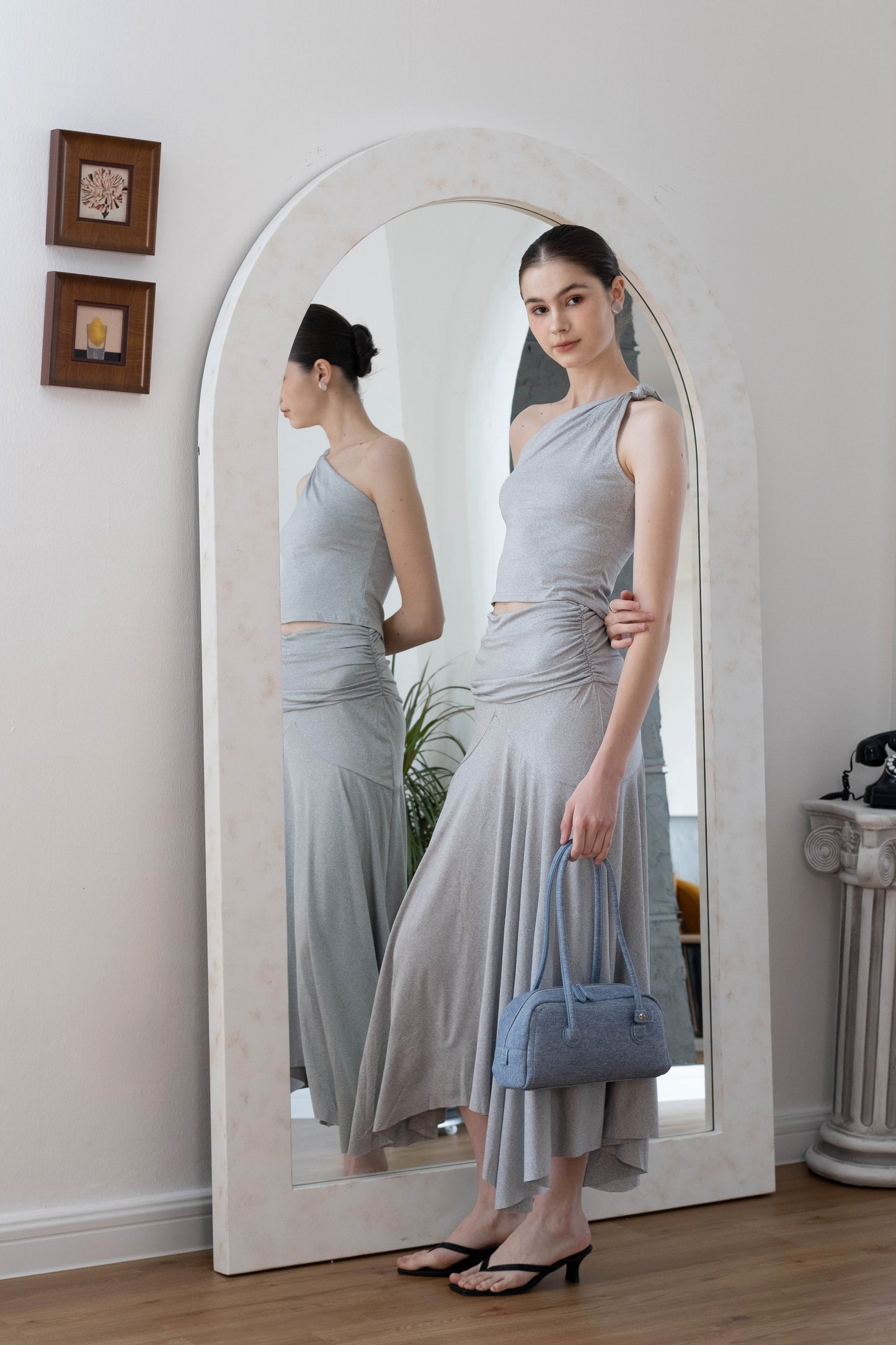Soft Curve One-Shoulder Crop & Skirt Set - Grey
