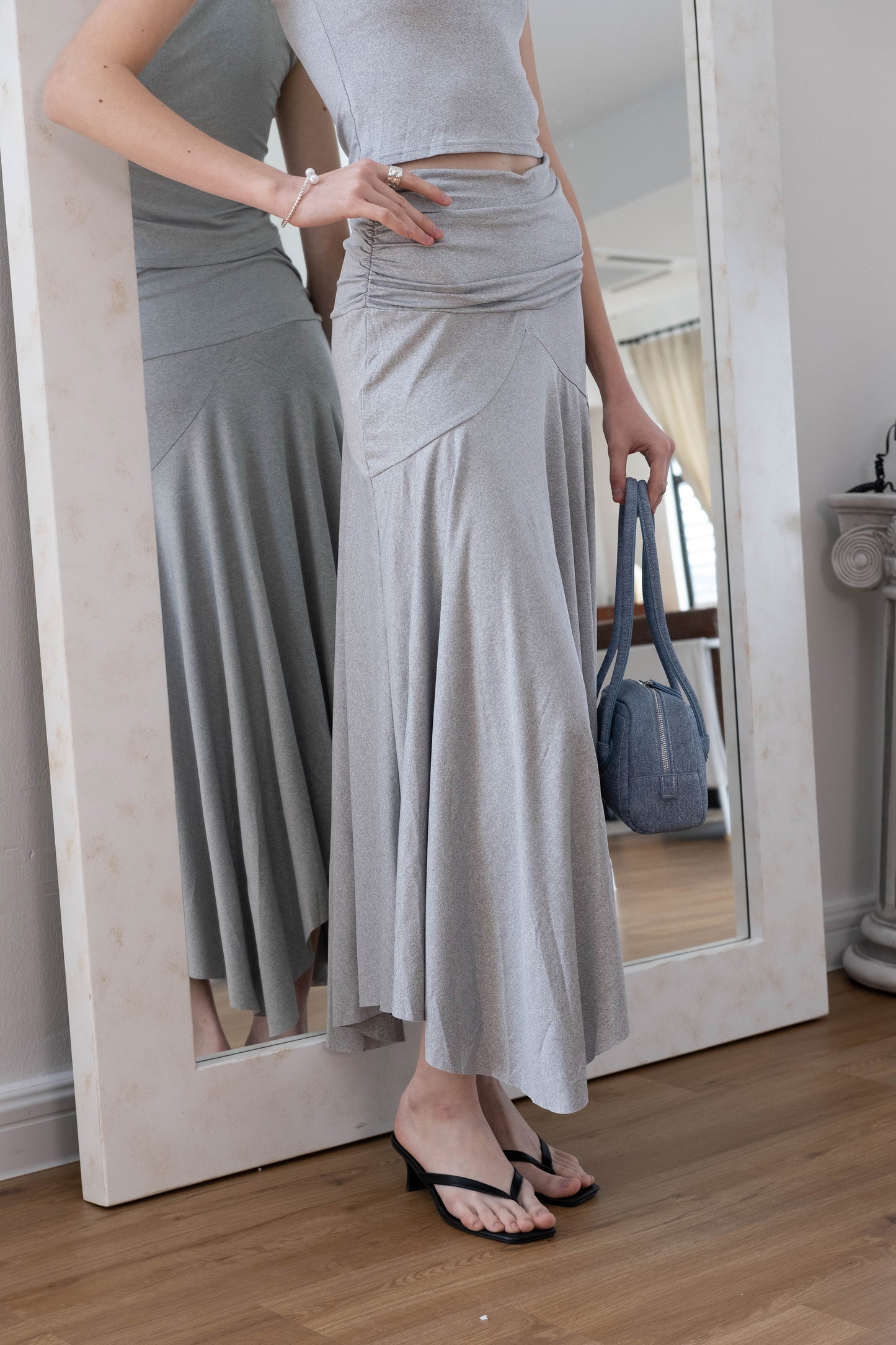 Soft Curve One-Shoulder Crop & Skirt Set - Grey