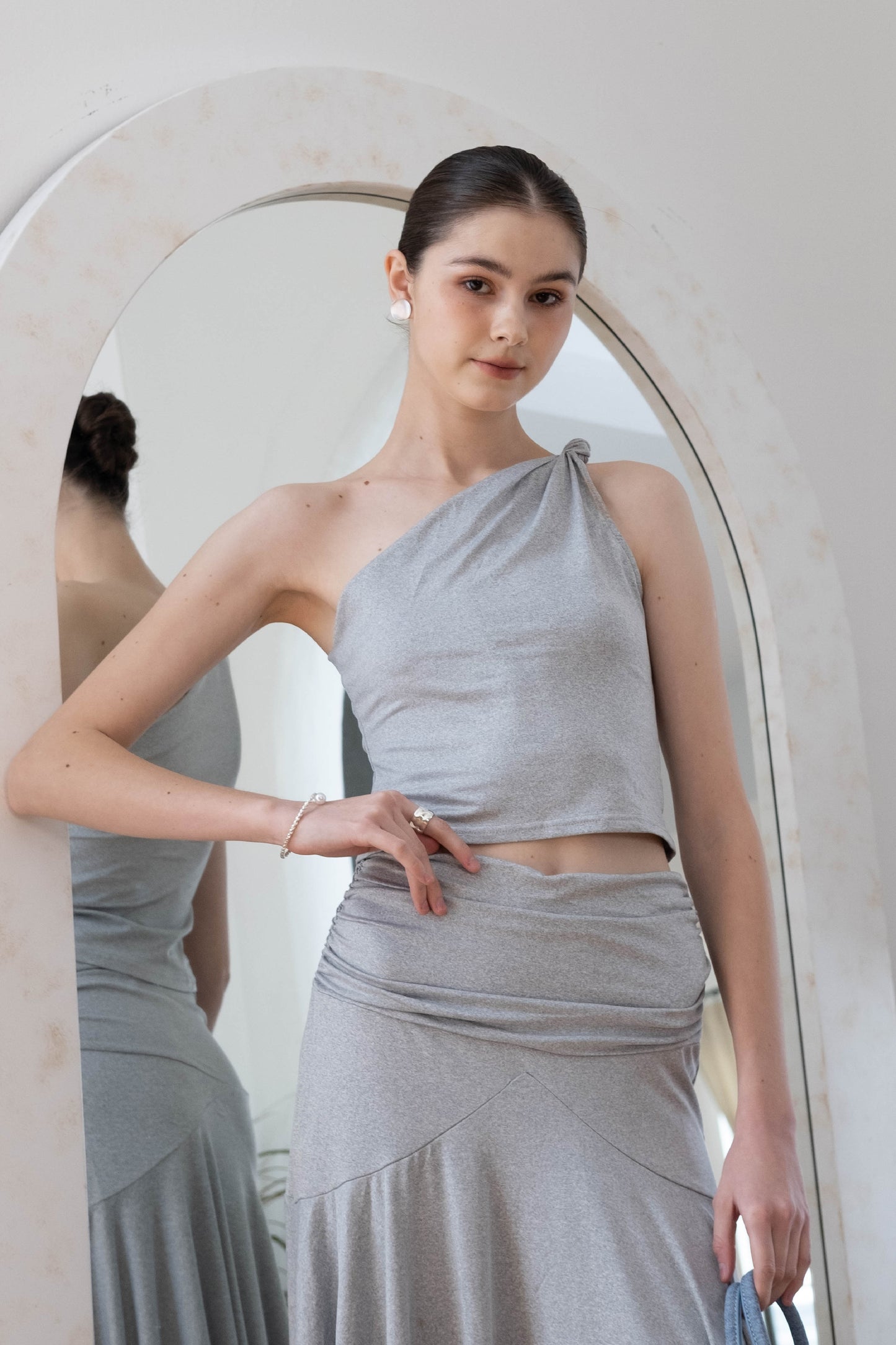 Soft Curve One-Shoulder Crop & Skirt Set - Grey