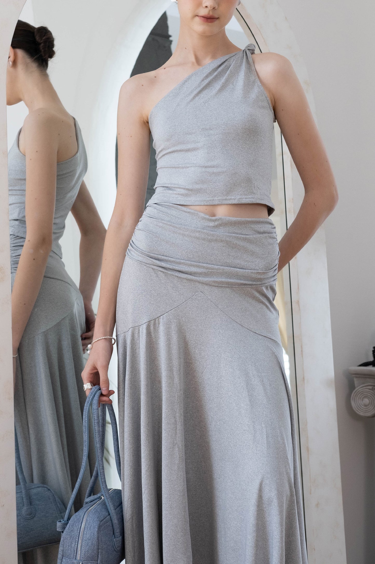 Soft Curve One-Shoulder Crop & Skirt Set - Grey