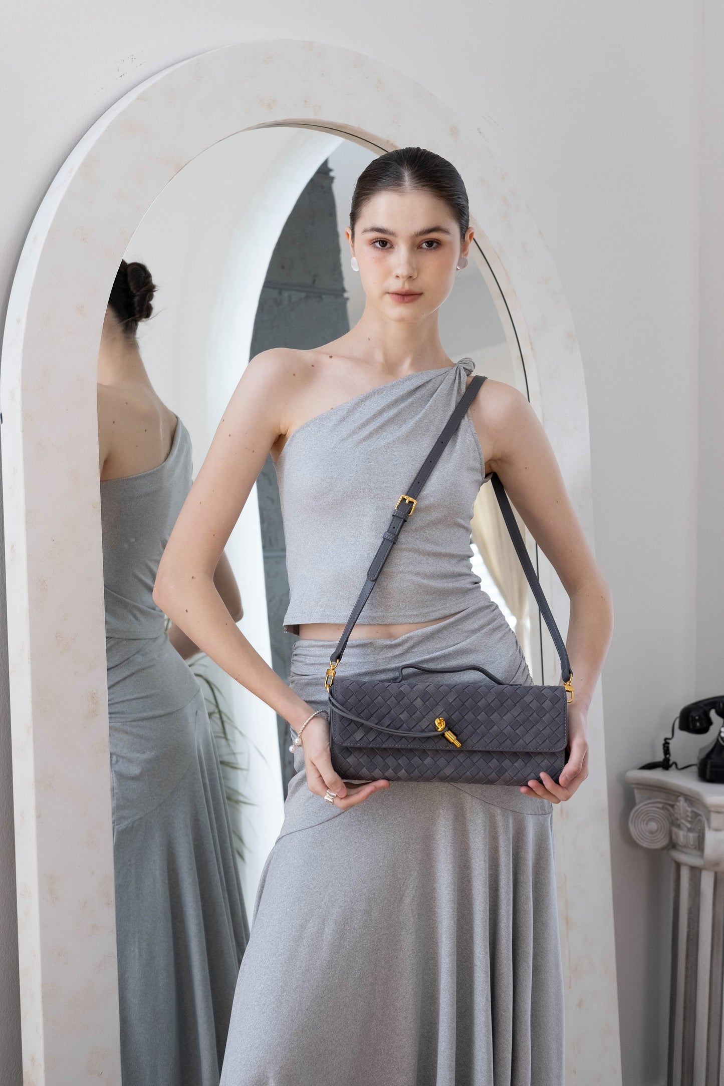 Soft Curve One-Shoulder Crop & Skirt Set - Grey