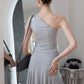 Soft Curve One-Shoulder Crop & Skirt Set - Grey