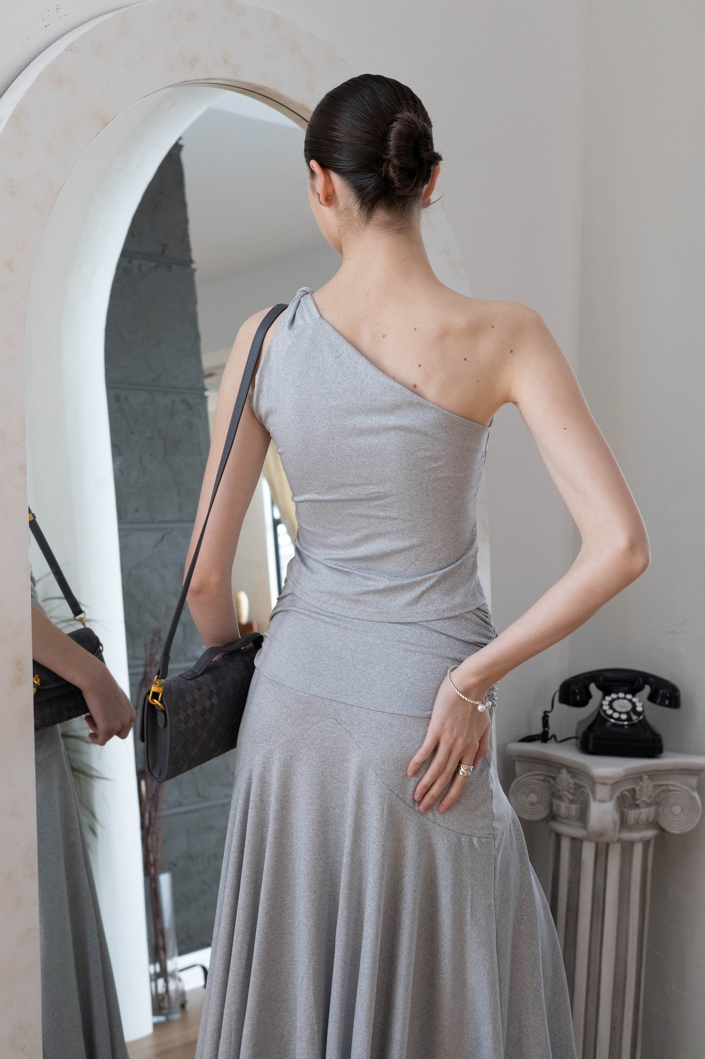 Soft Curve One-Shoulder Crop & Skirt Set - Grey