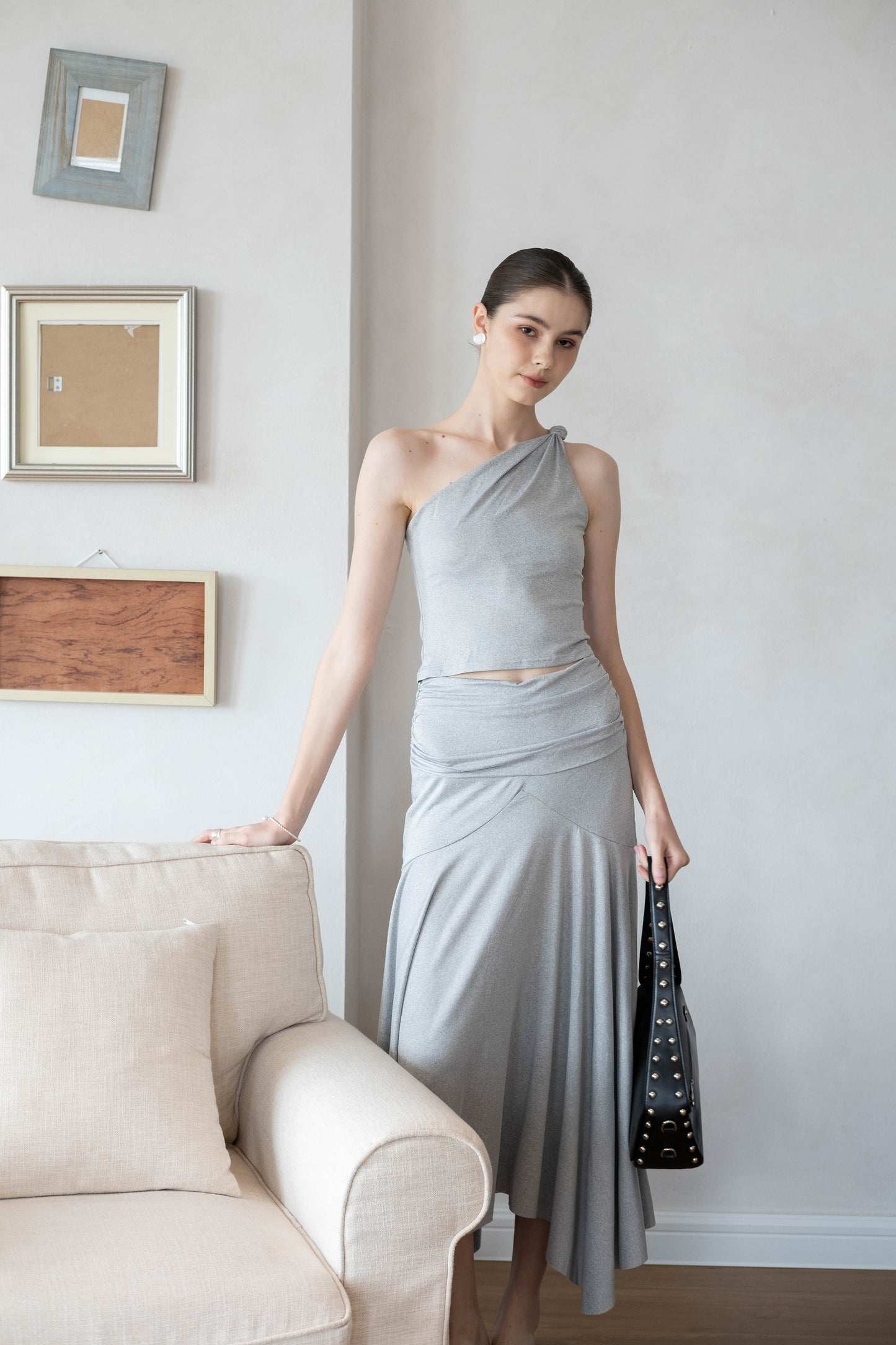 Soft Curve One-Shoulder Crop & Skirt Set - Grey