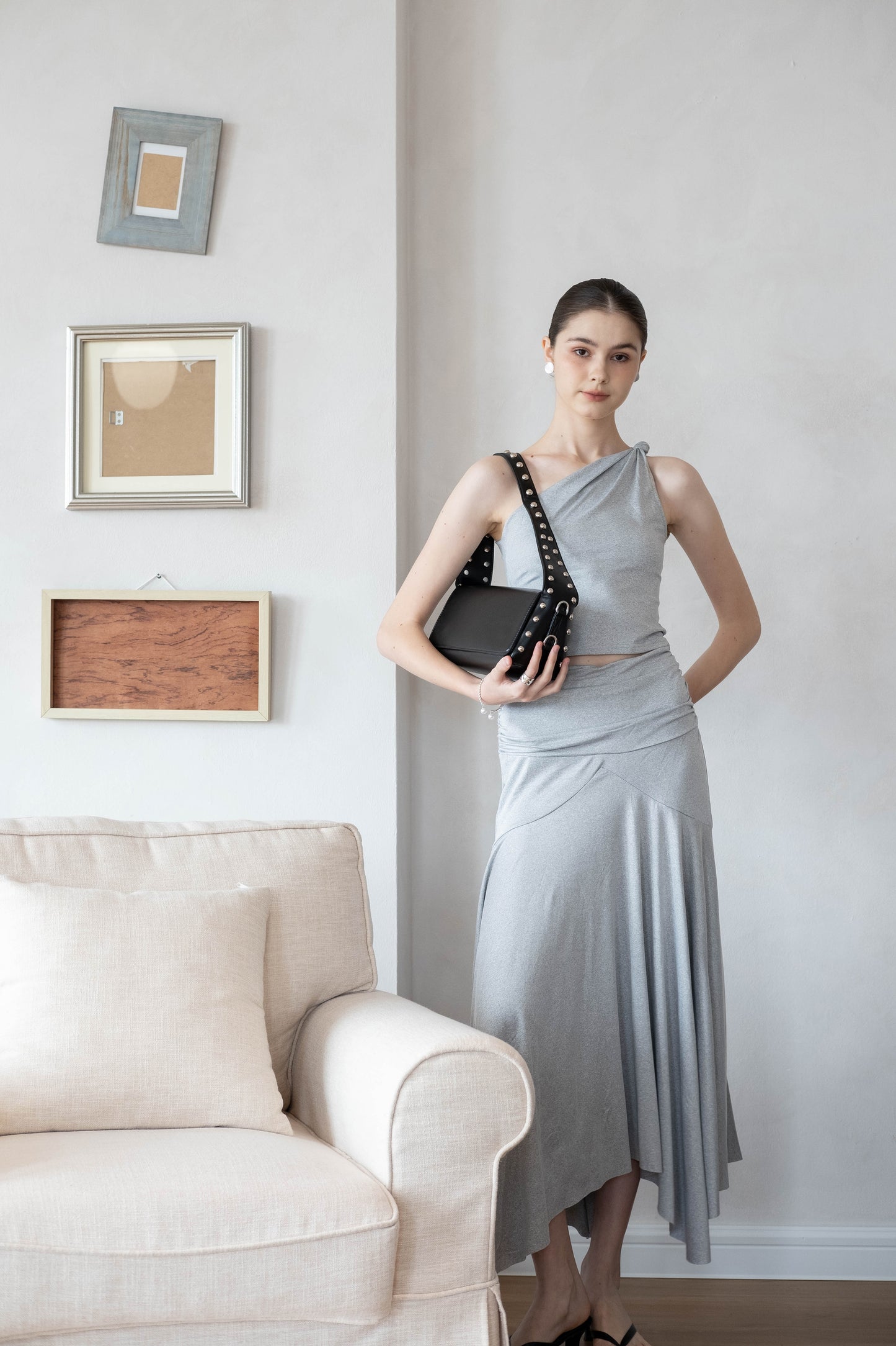 Soft Curve One-Shoulder Crop & Skirt Set - Grey