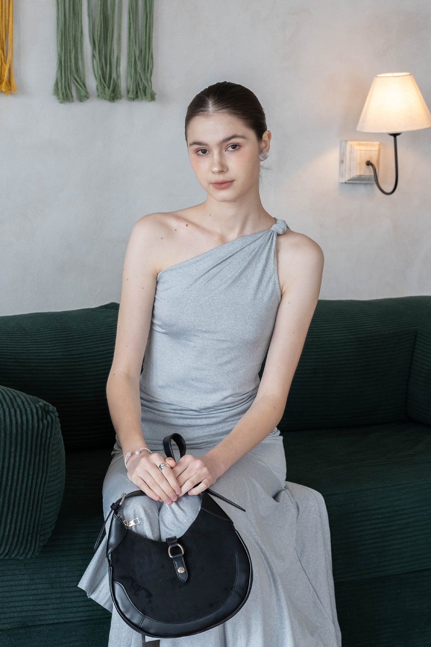 Soft Curve One-Shoulder Crop & Skirt Set - Grey