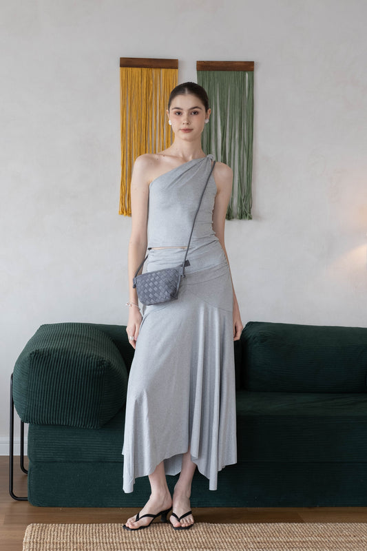 Soft Curve One-Shoulder Crop & Skirt Set - Grey