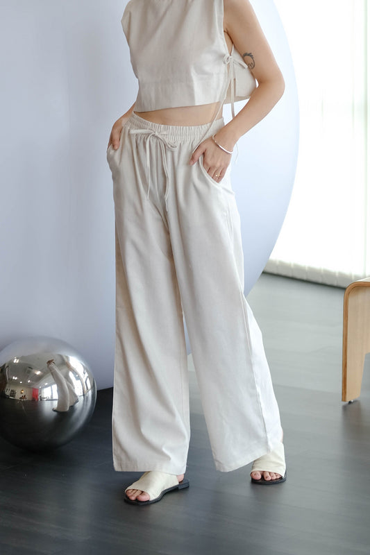 Pantalon long français en coton et lin blanc crème 