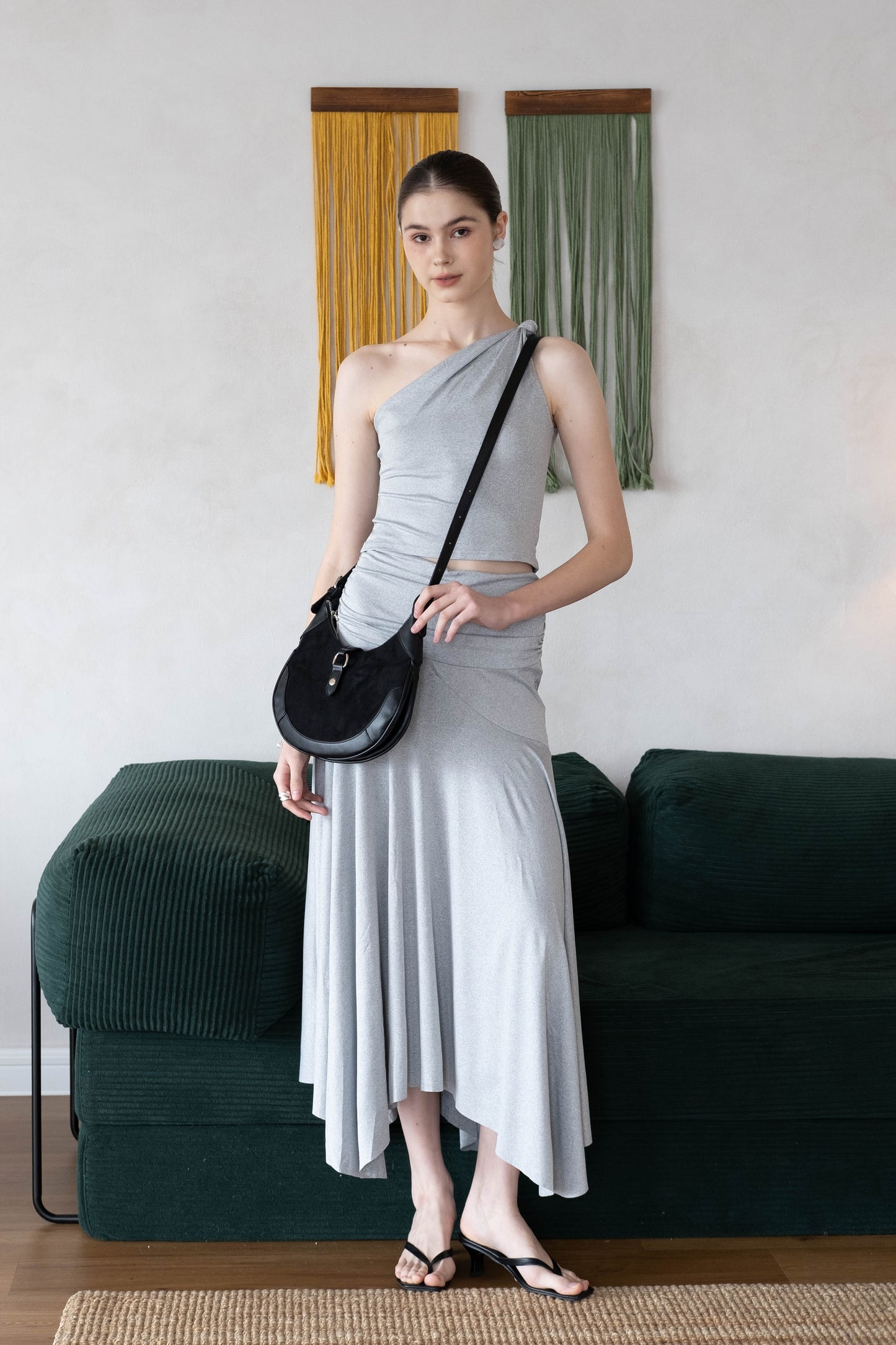 Soft Curve One-Shoulder Crop & Skirt Set - Grey