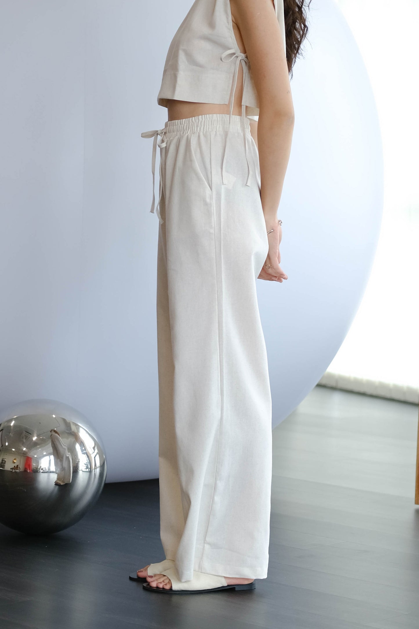 French cotton and linen long pants in cream white